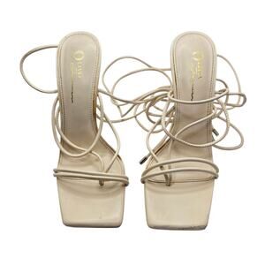 Olivia Jaymes Cream White Square Toe Lace Up Strap Cottagecore Sandal Heels